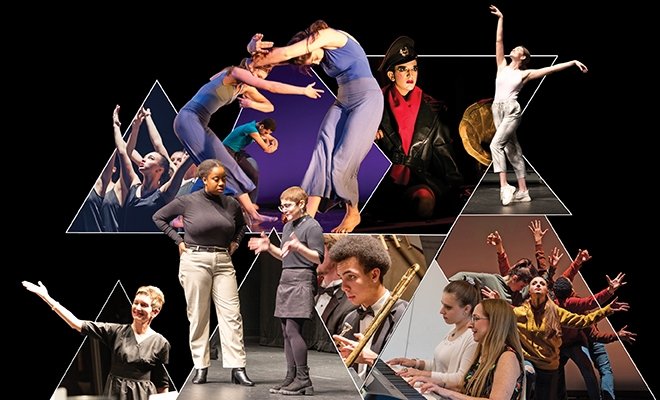 Overlapping photographs of music, theatre, and dance students in performance