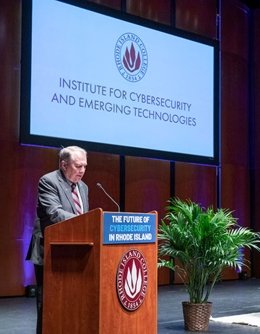 President Warner at podium during Institute for Cybersecurity and Emerging Technologies launch