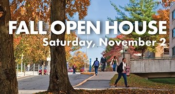 Fall Open House promotional graphic of fall scene on campus - Saturday, November 2