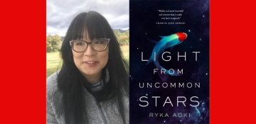 Author Ryka Aoki with cover of book, Light from Uncommon Stars