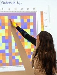 Student points to a vibrant projected presentation in a math class