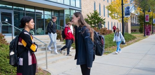 Two students talking, while others pass by on the quad