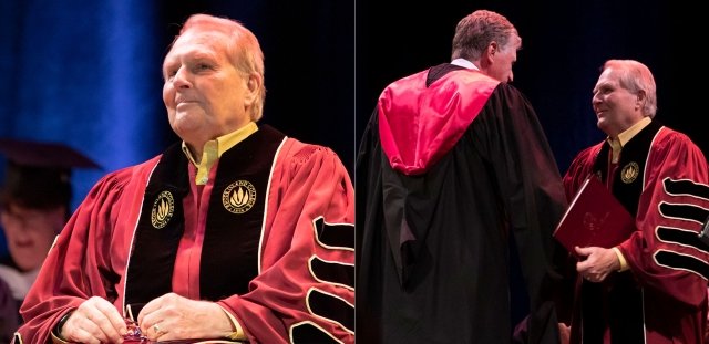 Side-by-side photos of President Jack Warner after being hooded during his installation ceremony and Warner shaking hands with Gov. Dan McKee at the ceremony.