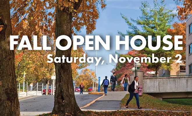 Fall Open House promotional graphic of fall scene on campus - Saturday, November 2