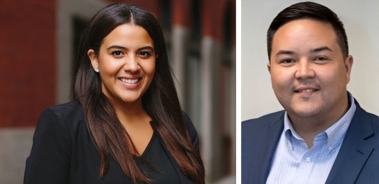 Side-by-side headshots of RIC Director of Alumni Relations Tiffany Ovalles '18 and Alumni Association President Kevin San '12, MPA '13