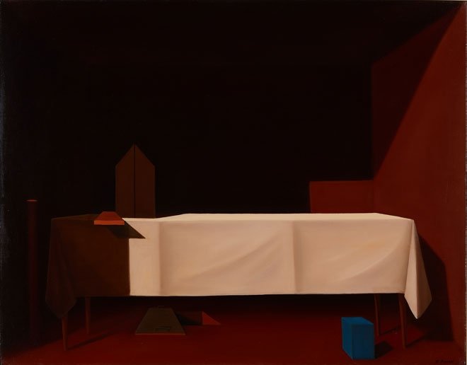 painting of a table and chair with deep red, ivory, and blue